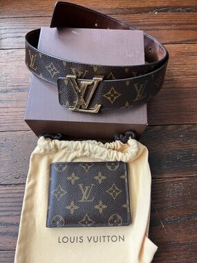 Louis Vuitton Brown Monogram Belt and Wallet Set with Gold Hardware